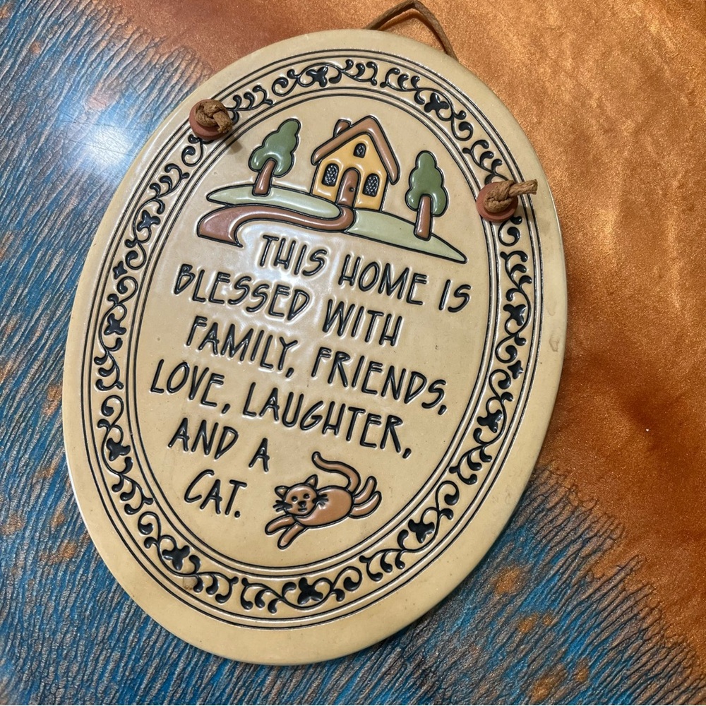 Trinity Pottery Home Plaque Blessed with a cat leather string wall hanging